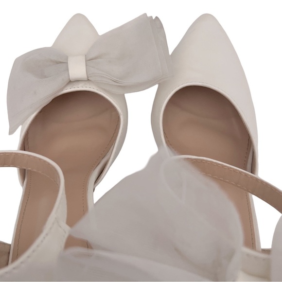 White Pointed Toe Asymmetrical Tulle Bow Stiletto High Heels - Picture 6 of 13